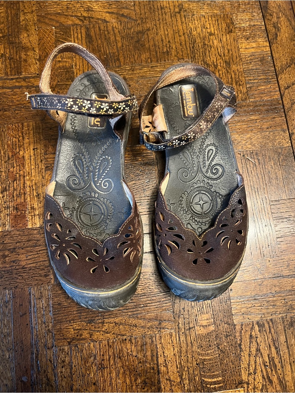 Jambu Brown Floral Cutout Leather Sandals
